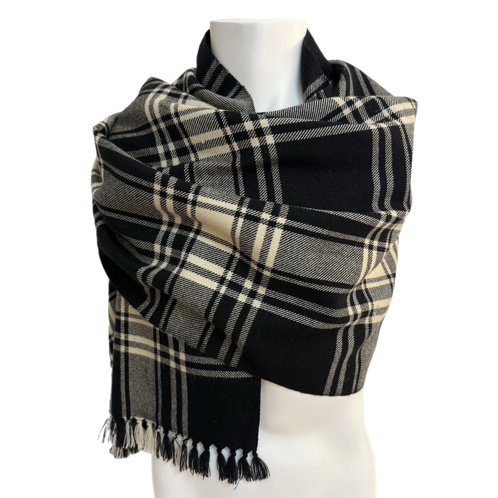 Lauren Ralph Lauren Black & Ivory Plaid Scarf – Soft Wool Blend - 23" x 70"